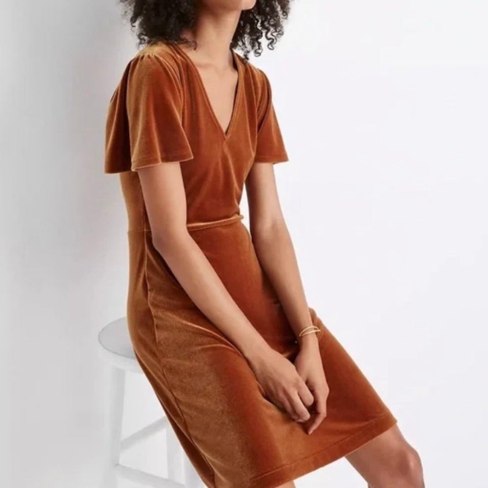Madewell Velvet Flutter Sleeve Dress | Copper Rust | Size Small EUC